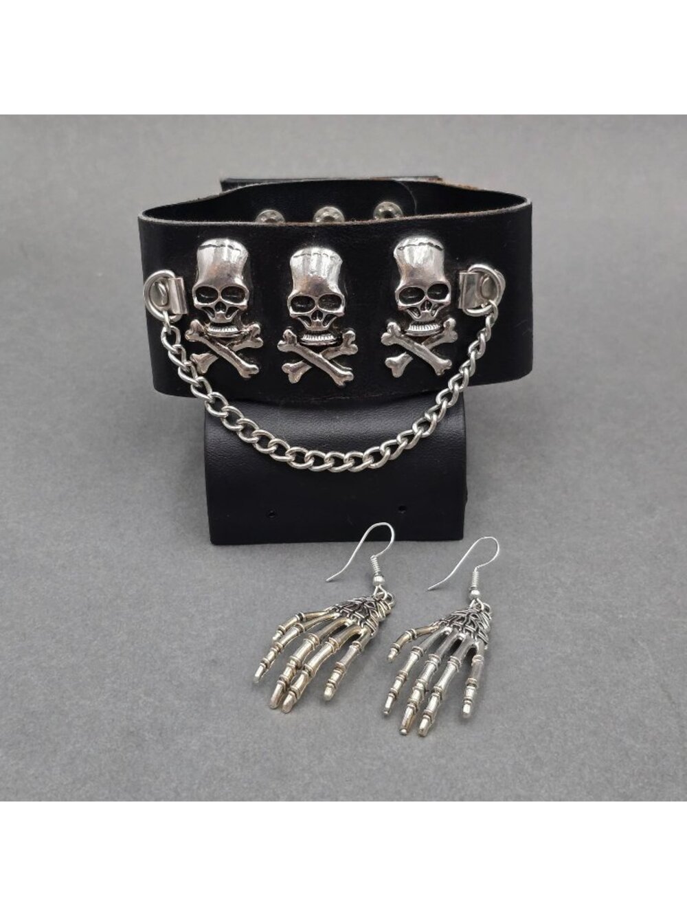 Vintage Y2K Skull Faux Leather Bracelet Skeleton Hand Dangle Earrings Lot